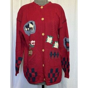 Vintage Bryn Connelly Knit Cottagecore Farm Print Cardigan Sweater Size Small